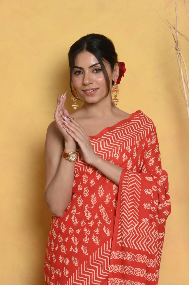 Very Much Indian Handblock Printed Cotton Saree With Natural Dyes - Orange | Grocsy