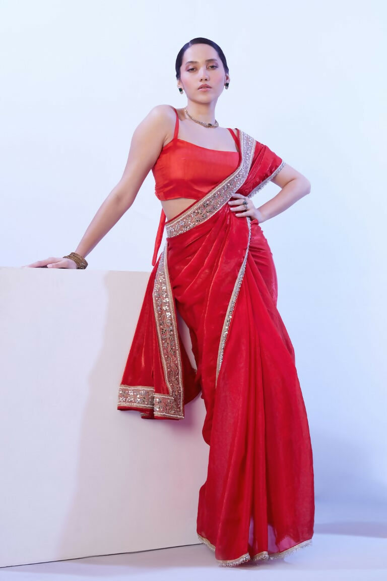 Red Satin Jimmy Choo Solid Designer & Lace Work Saree - Samaa | Grocsy