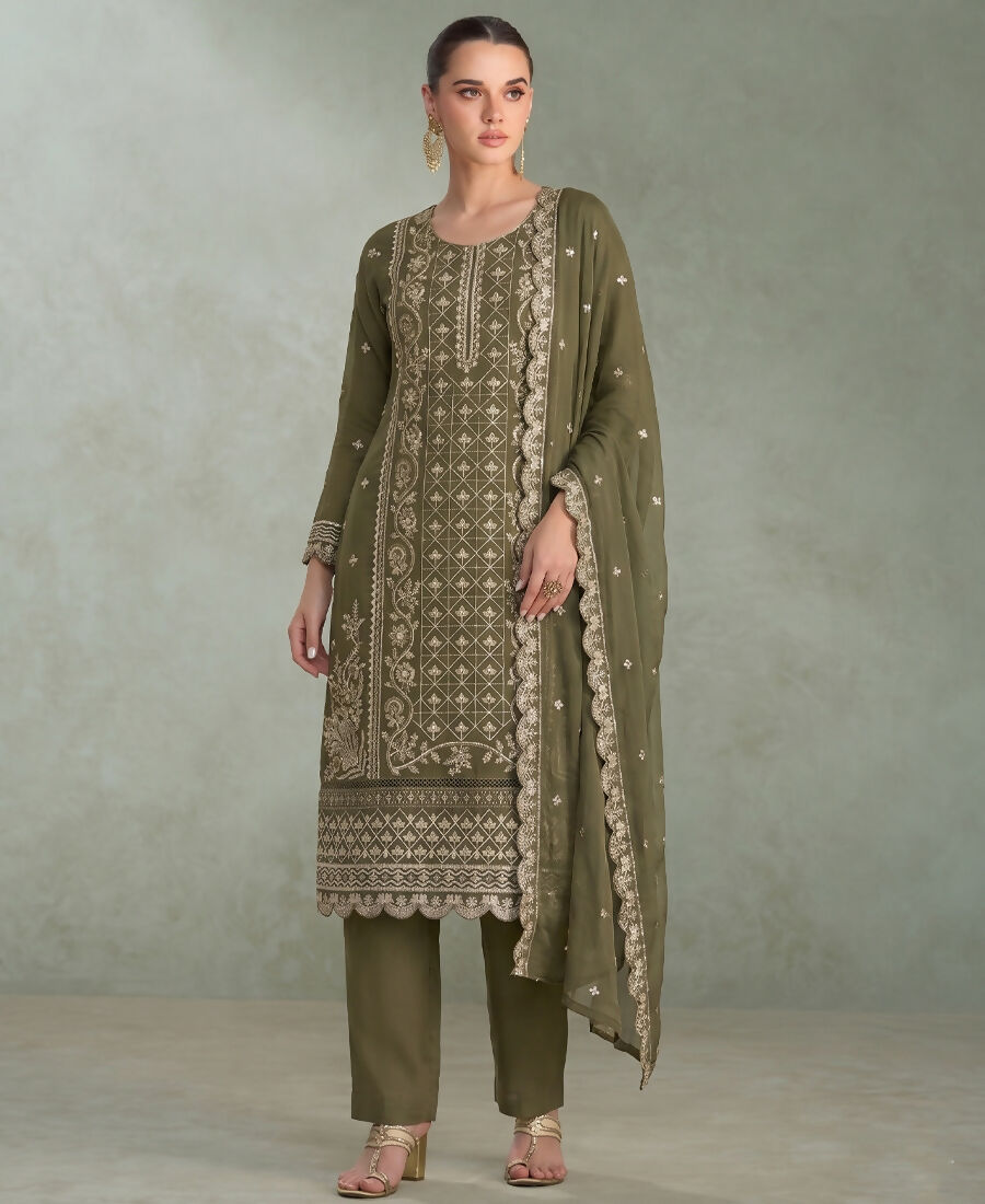 KC Mahendi Green Pakistani Straight Suit For Women Chiffon | Grocsy
