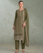 KC Mahendi Green Pakistani Straight Suit For Women Chiffon | Grocsy