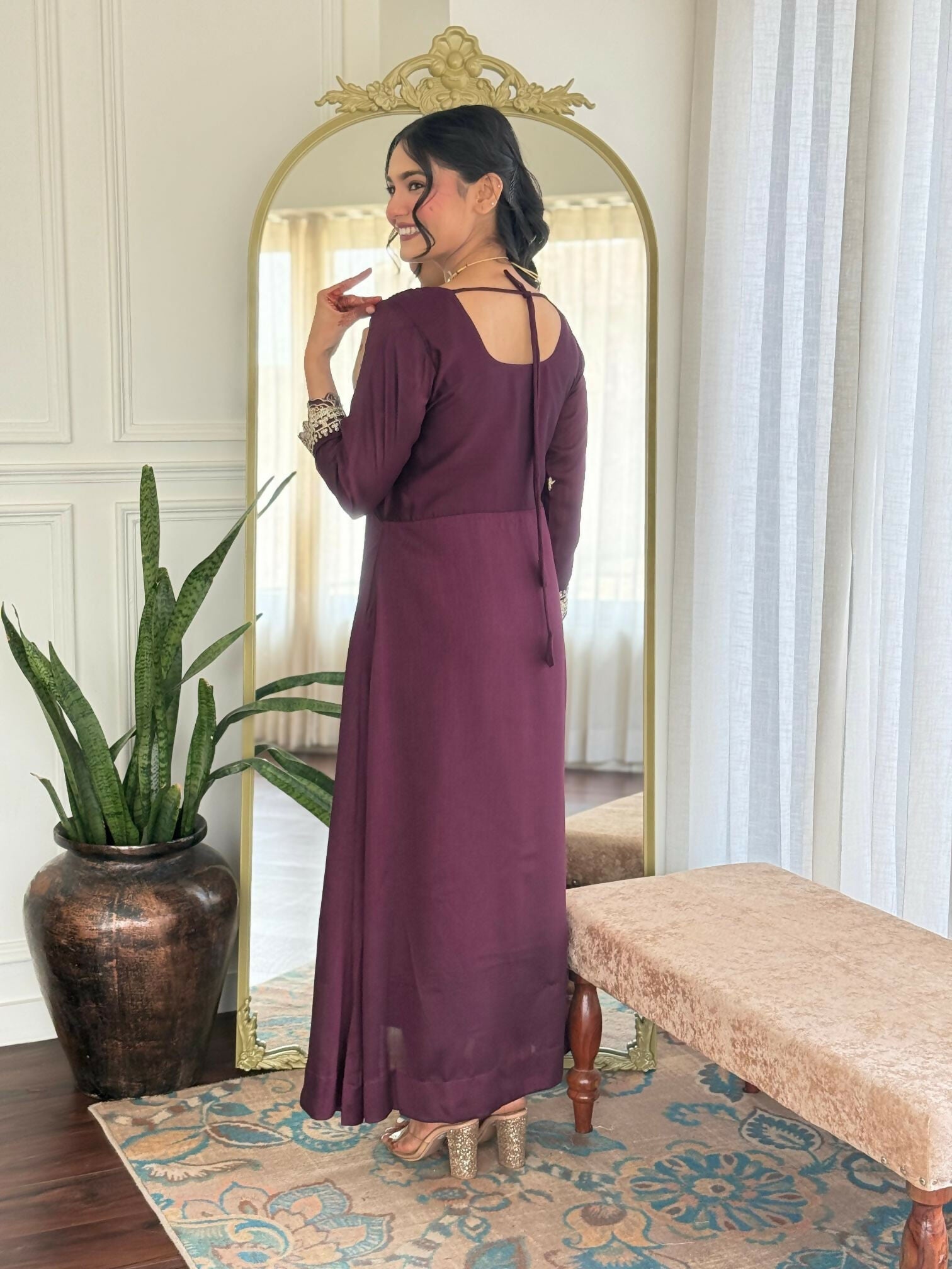 The52 Wine Women's Gorgeous Vichitra Silk Fabric Embroidered Work Flared Anarkali Pant and Dupatta Set | Grocsy