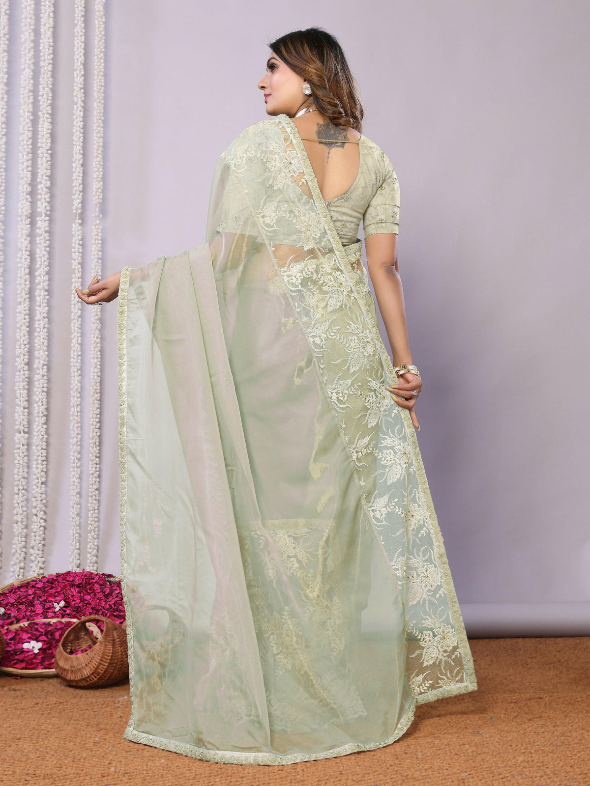 Green Glass Tissue,Net Embroidered Saree With Stitched Blouse - Nimaya Kaksha | Grocsy