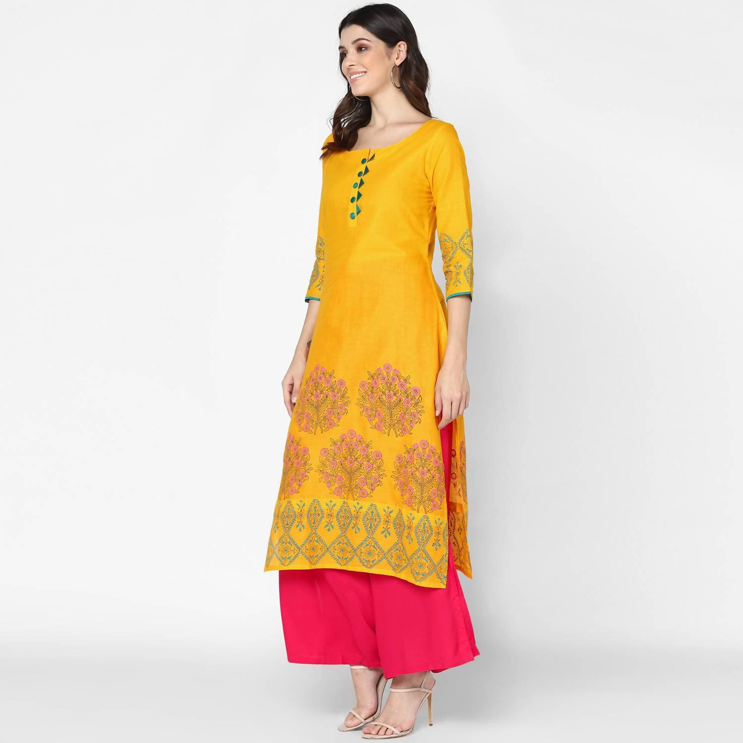 Cheera Hand Block Print Mustard & Magenta Straight Kurta With Palazzo (MAAI-078K) | Grocsy