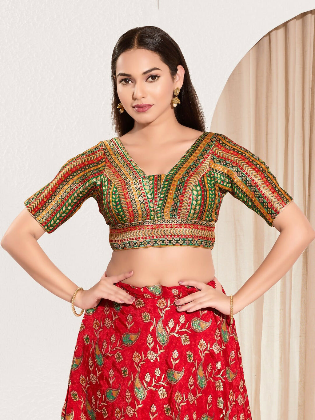 Joban Fashion Green Multi Brocade Padded Blouse With V Neck Elbow Sleeves | Grocsy