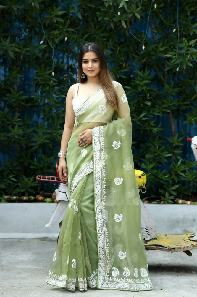 Vamsee Cotton Kerry Green Organza Saree | Grocsy