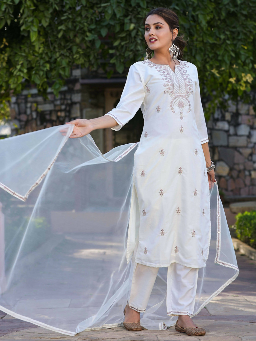 Juniper Women's Off-White Chinnon Embroidered Kurta Pant Dupatta Set | Grocsy