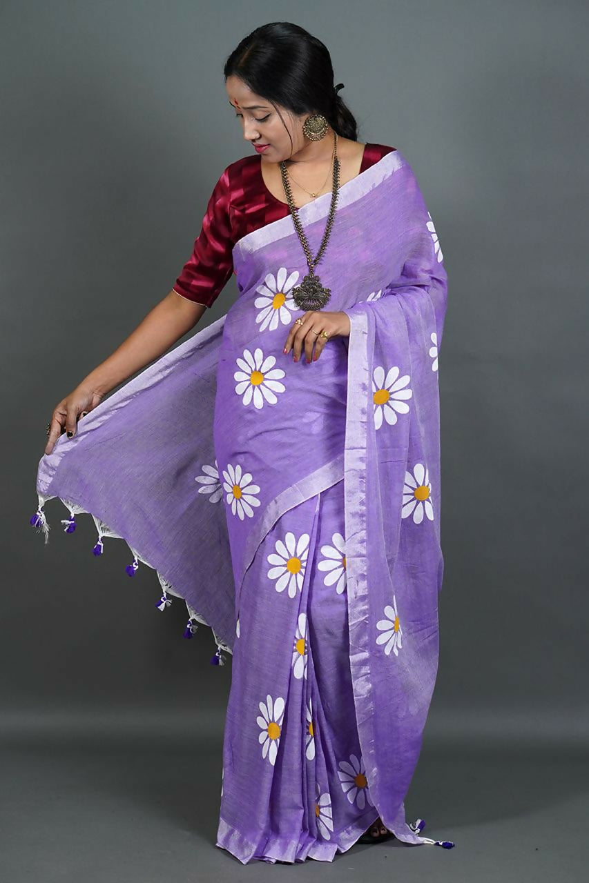 Exclusive Collection Violet Pure Cotton Saree With Sunflower Design | Grocsy