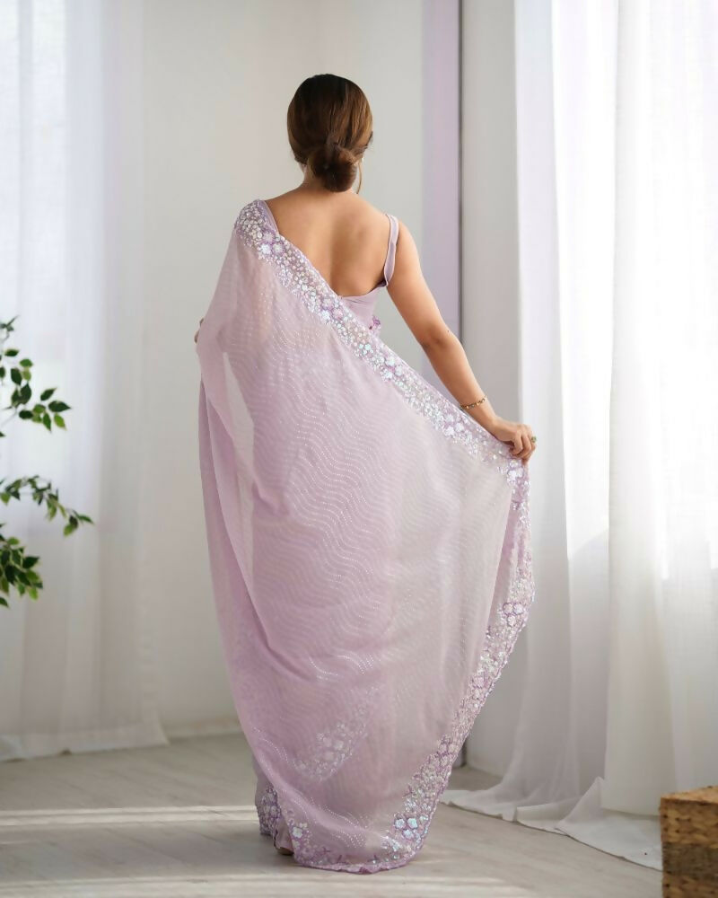 Georgette Designer Sequance Embroidery Work Party Wear Saree - Lavender | Grocsy