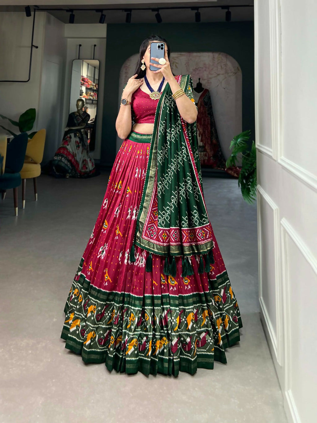 Vastranavya Traditional Ikkat Patola Print Tussar Silk Lehenga Choli - Red | Grocsy