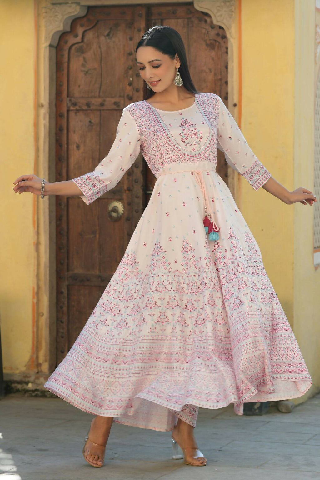 Juniper Women's Pink Viscose Shantoon Festive Printed Flared Dress | Grocsy