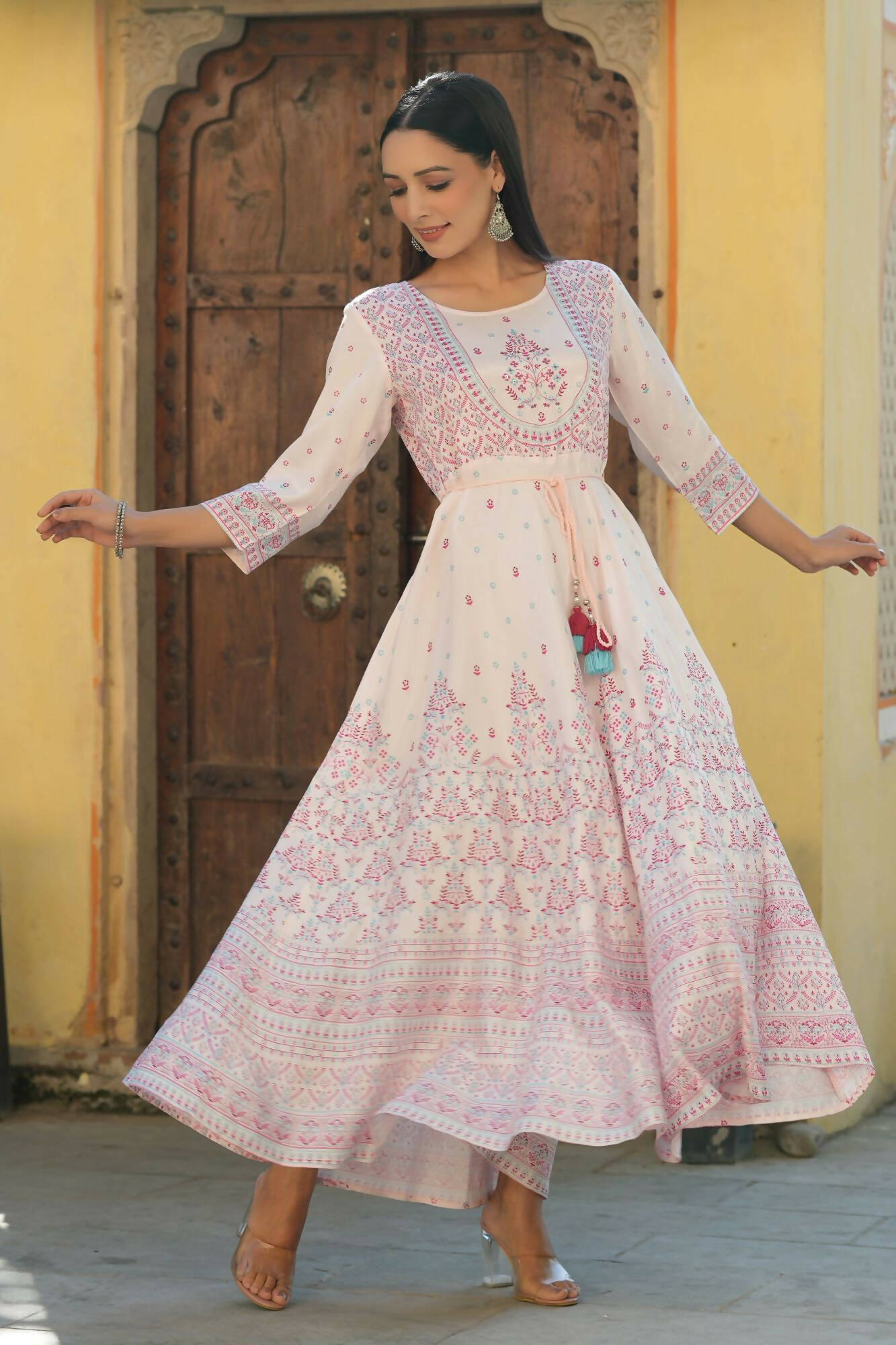 Juniper Women's Pink Viscose Shantoon Festive Printed Flared Dress | Grocsy