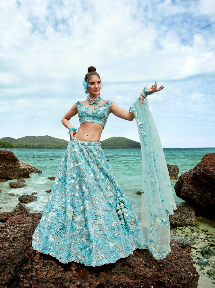 House of Panchhi Sky Blue Organza Sequins, Zarkan And Thread Embroidery Lehenga Choli & Dupatta | Grocsy