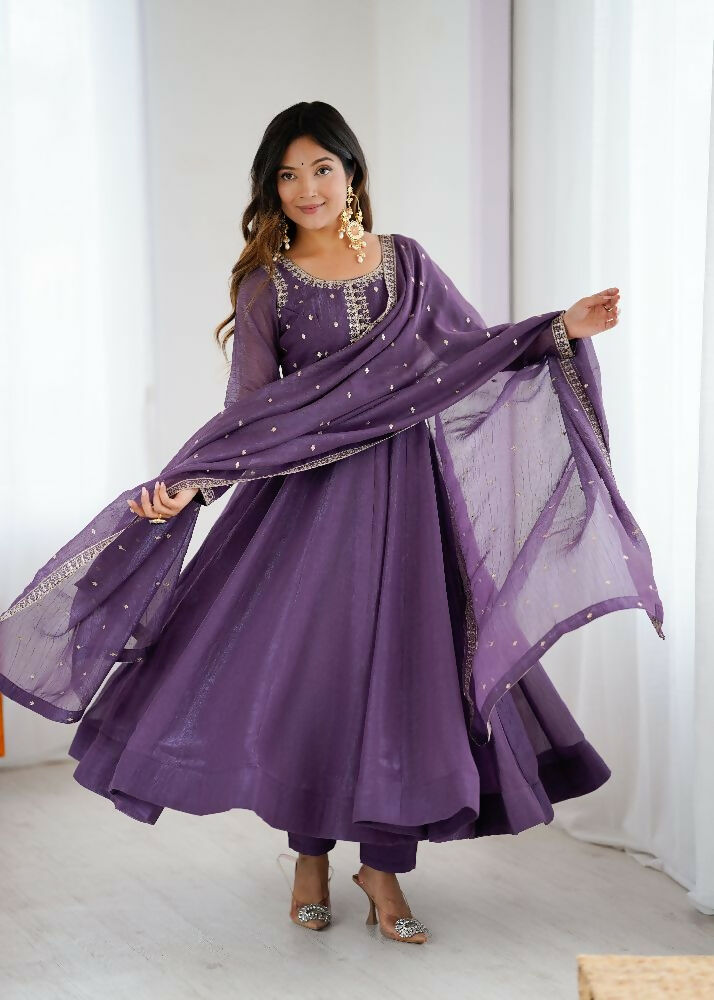 The52 Women's Beautiful Embroidery Work Crunchy Silk Fabric Flared Anarkali Pant and Dupatta Set | Grocsy