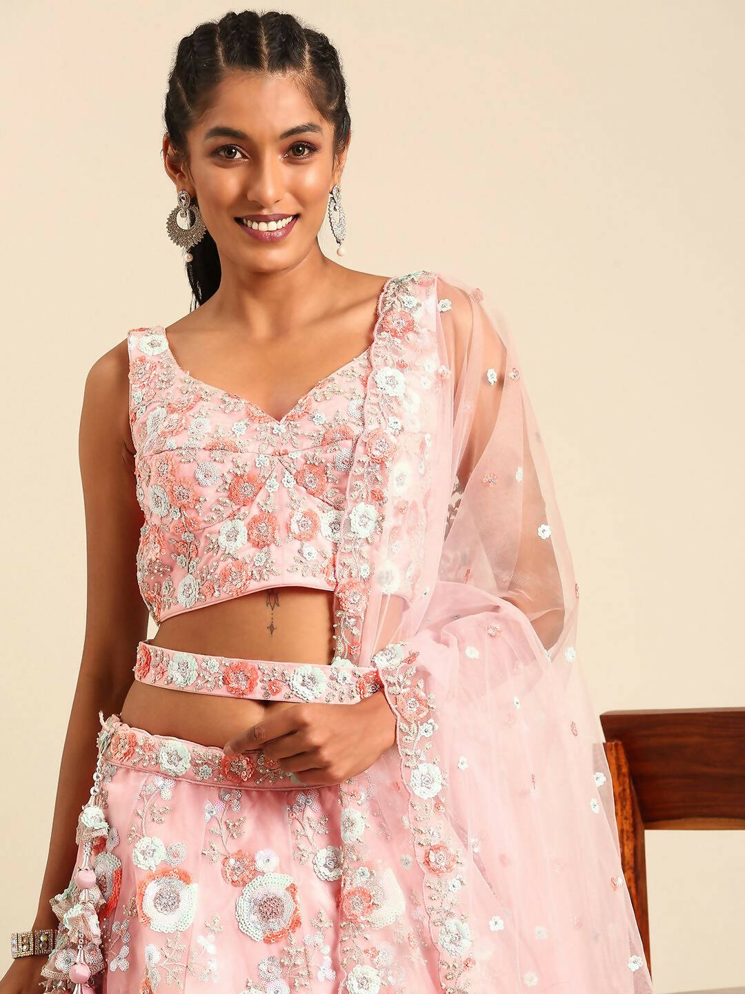 House of Panchhi Pink Net Sequins and Zarkan embroidery Lehenga choli & Dupatta | Grocsy