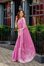 Vastranavya Baby Pink Embroidery Work Shimmer Chiffon Saree with Unstitched Blouse | Grocsy