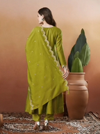 The52 Light Green Women's Beautiful Vichitra Silk Fabric Embroidered Work Flared Anarkali Pant and Dupatta Set | Grocsy