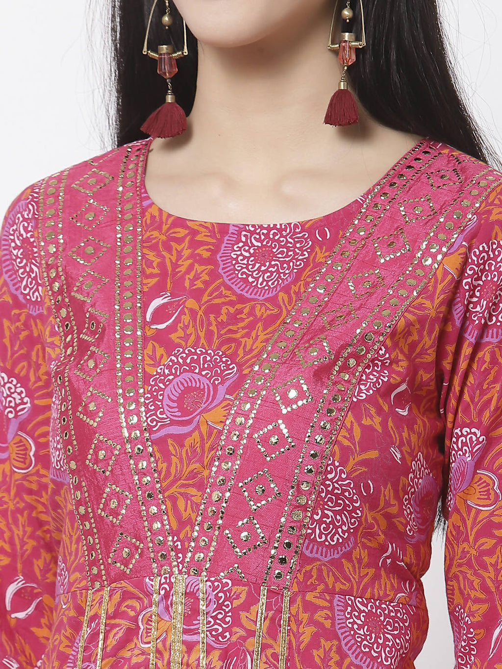 Myshka Women's Pure Red Color Cotton Round Neck Printed 3/4 Sleeve Dress | Grocsy