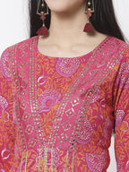 Myshka Women's Pure Red Color Cotton Round Neck Printed 3/4 Sleeve Dress | Grocsy