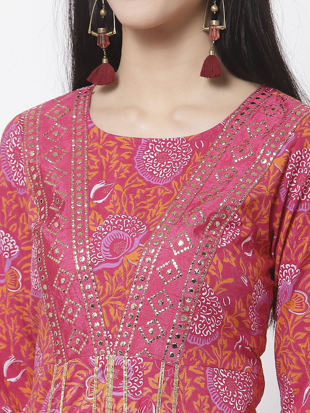Myshka Women's Pure Red Color Cotton Round Neck Printed 3/4 Sleeve Dress | Grocsy