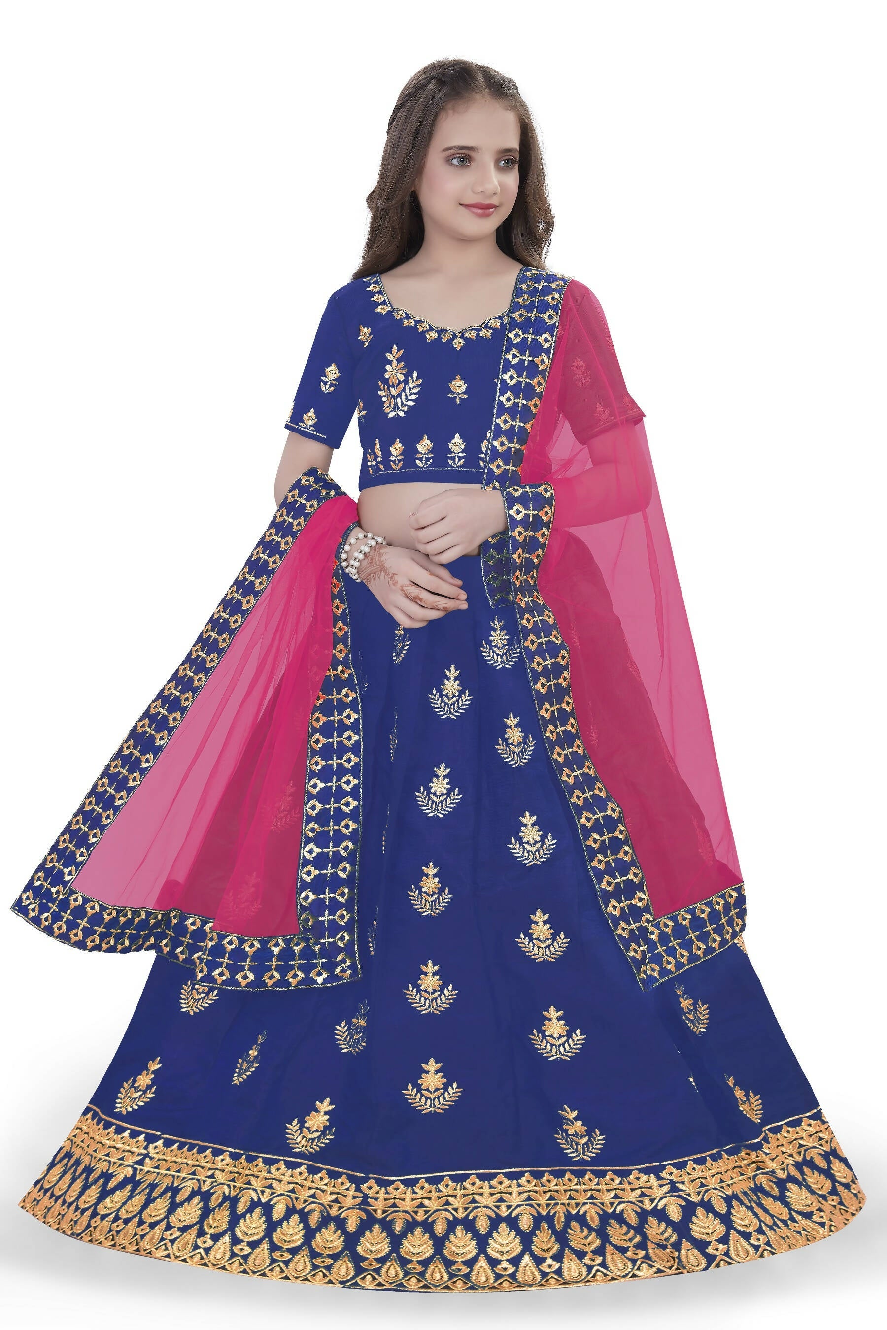 Dwiden Royal Blue Kamal Tafetta Sattin Semi-Stitched Girl's Lehenga Choli | Grocsy