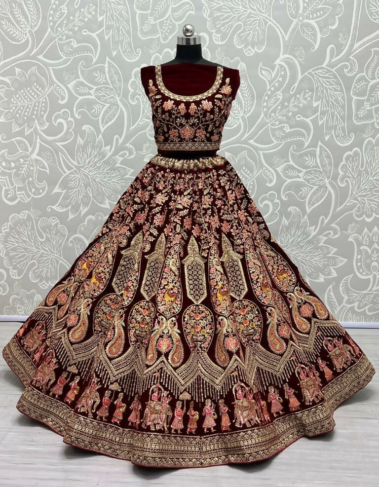 Jyoti Fashion Women's Maroon Velvet Multi Thread Embroidered with Zircon Diamond Work Wedding Lehenga Choli | Grocsy