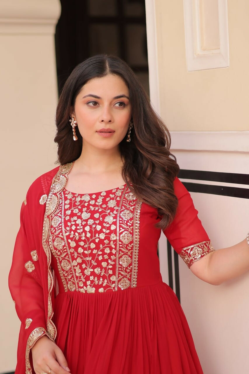 Teeya Creation Red Color Faux Georgette Embroidery Work Wedding Wear Long Gown | Grocsy