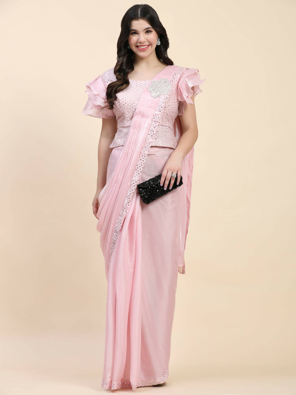 Pink Silk Satin Sequence Work Ready to Wear Saree with stitched Blouse - Nirvana | Grocsy