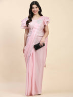Pink Silk Satin Sequence Work Ready to Wear Saree with stitched Blouse - Nirvana | Grocsy
