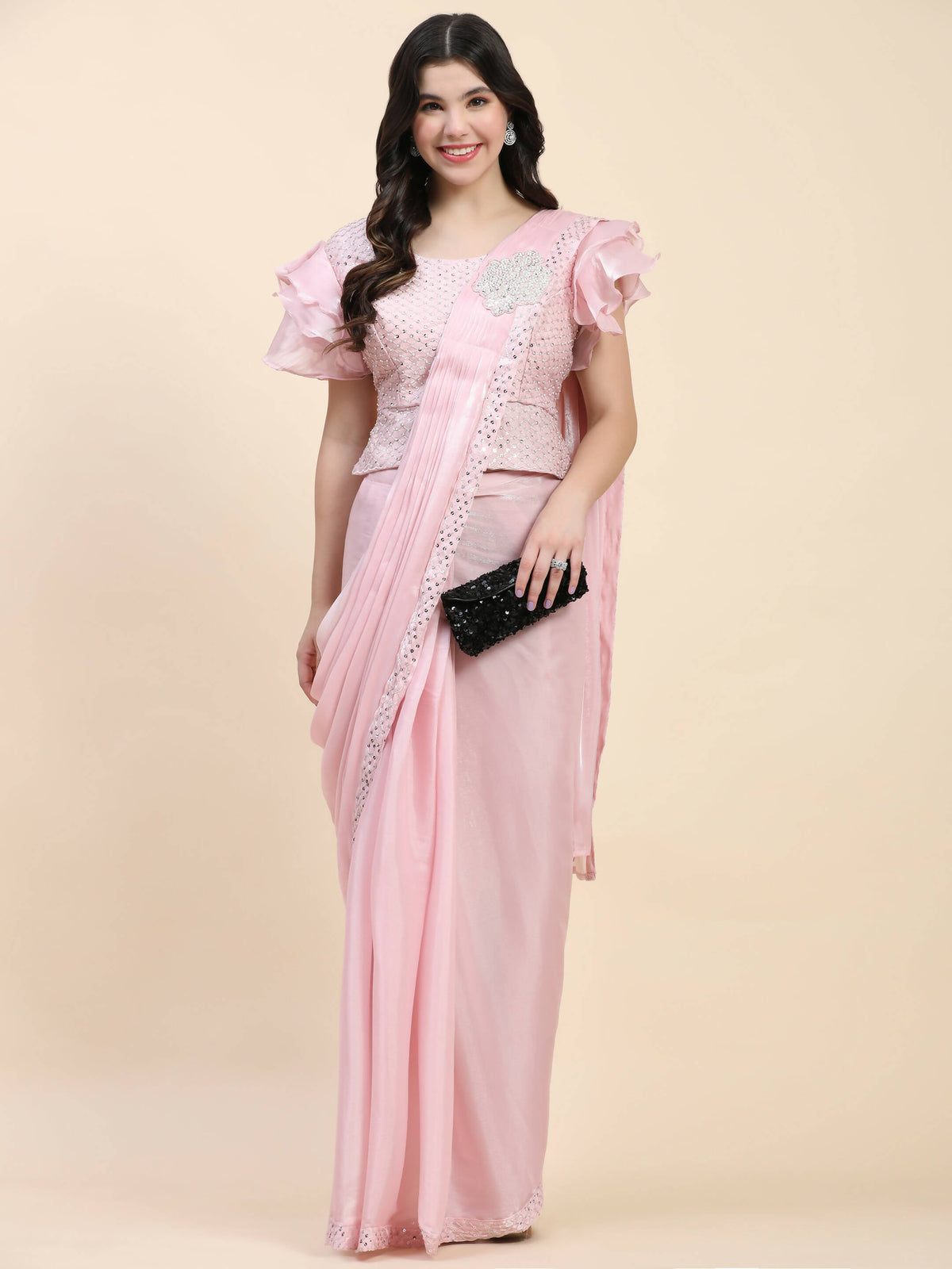 Pink Silk Satin Sequence Work Ready to Wear Saree with stitched Blouse - Nirvana | Grocsy