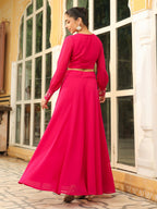 Janasya Pink Georgette Embroidered Top & Skirt | Grocsy