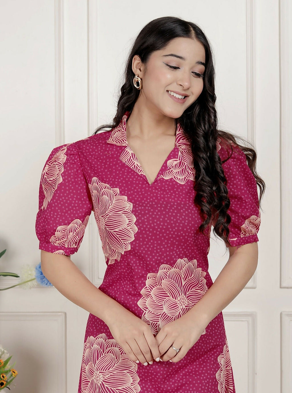 Miravan Womens Pink Printed Collar Neck Short Puff Sleeves Cotton A-Line Maxi Dress | Grocsy