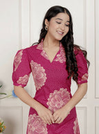 Miravan Womens Pink Printed Collar Neck Short Puff Sleeves Cotton A-Line Maxi Dress | Grocsy