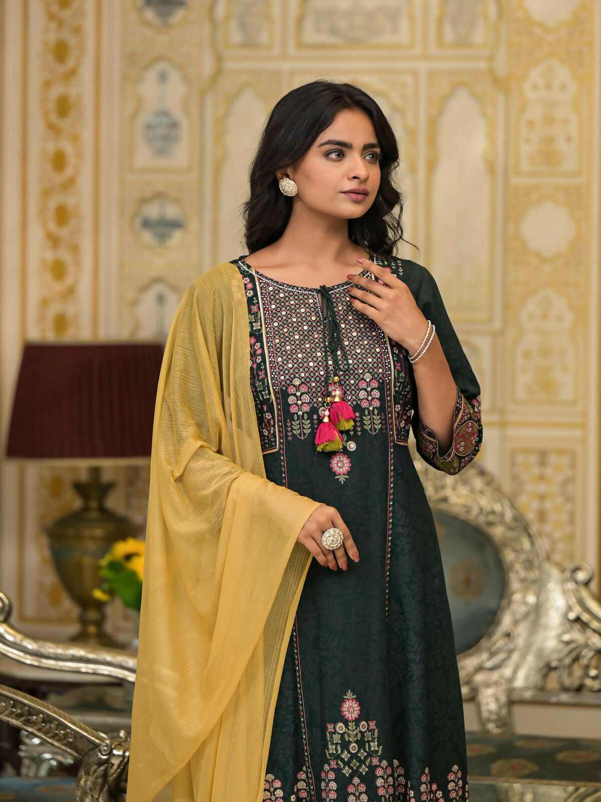 Juniper Women's Green Floral Printed Rayon Kurta Pant With Dupatta Set With Thread Work & Tassels | Grocsy