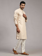 Cream Viscose Jacquard Woven Jacquard Designer Men's Rajwadi Kurta Set - Mahotsav | Grocsy