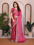 Teeya Creation New Trendy Party Wear Soft Satin Chiffon Saree-Peach | Grocsy