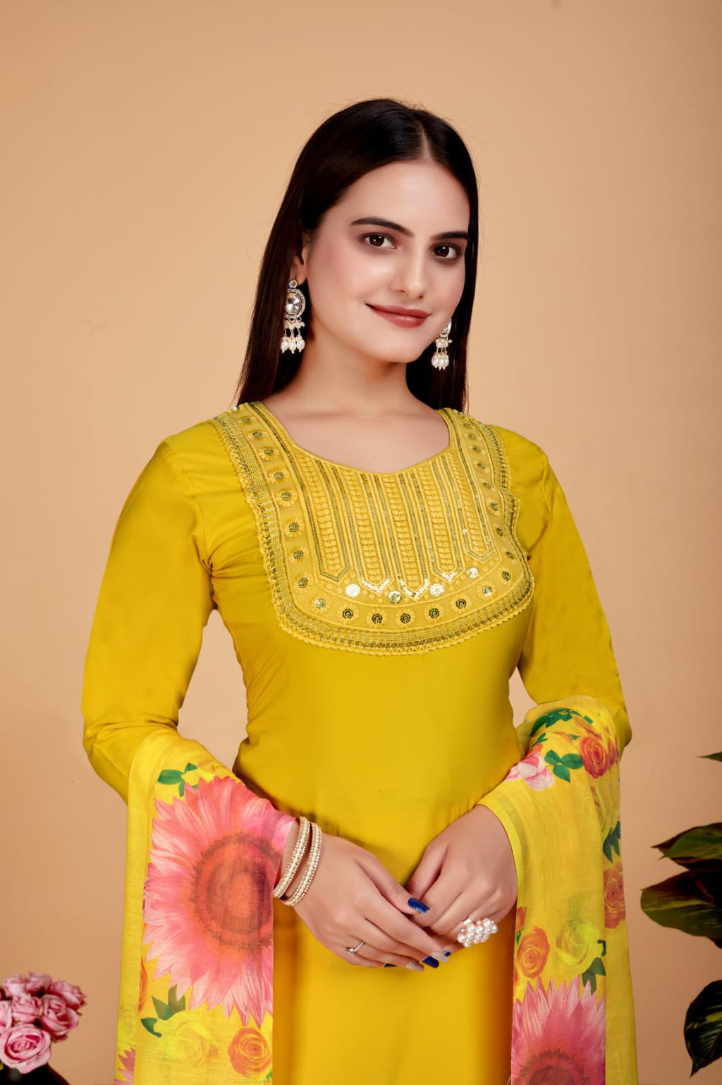 Women's Embroidered Yellow Kurta Set with Dupatta Set - A2M | Grocsy