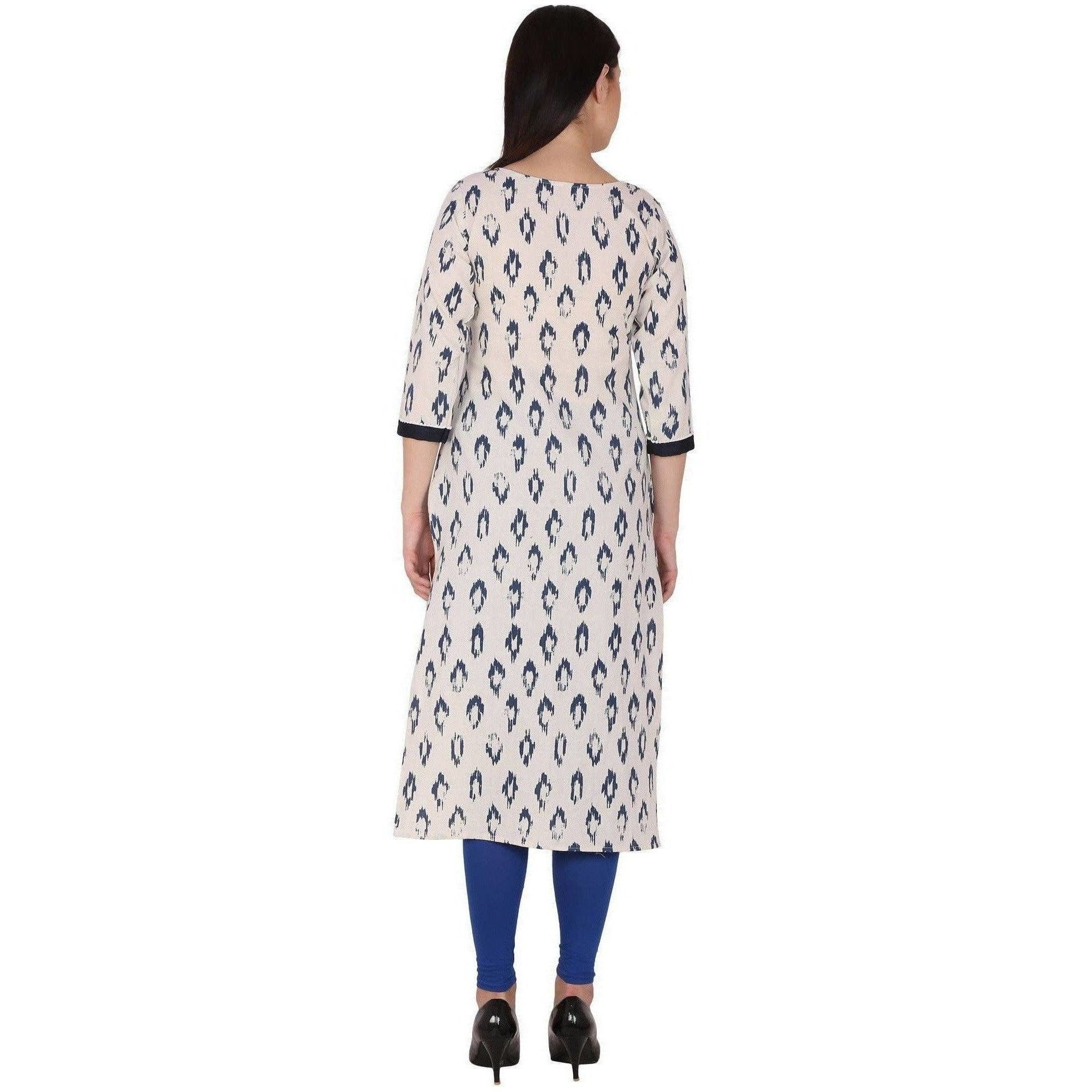 Kanoor Women's White and Blue Cotton Straight Kurti | Grocsy