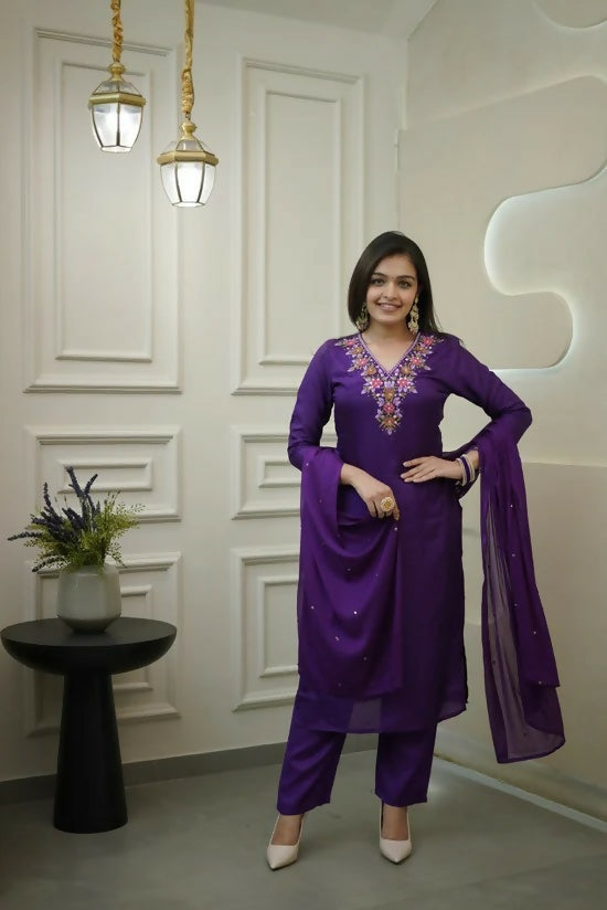 The52 Purple Women's Gorgeous Vichitra Fabric Embroidered Work Straight Kurta Pant and Dupatta Set | Grocsy