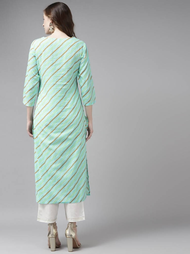 Yufta Women Sea Green Bandhani Striped Regular Sequined Pure Cotton Kurta with Palazzo | Grocsy
