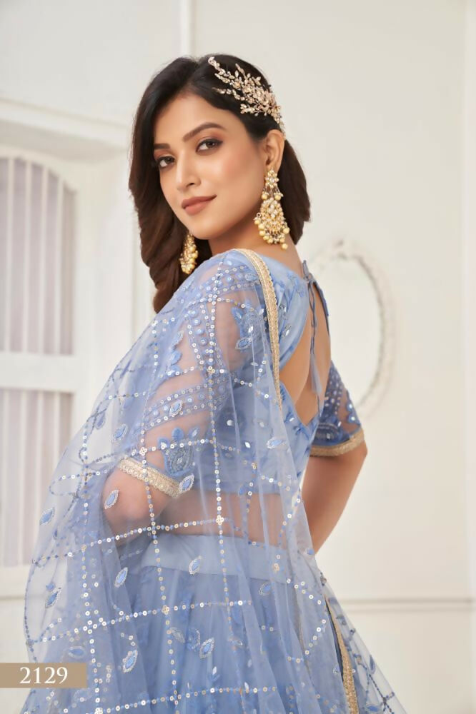 Aastha Fashion Neon Blue Butterfly Net Tone To Tone Thread Work, Sequence Work Embroidery With Original Mirror Handwork Wedding Wear Lehenga Choli | Grocsy