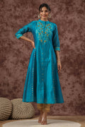 Juniper Women Teal Chanderi Silk Embroidered & Printed Anarkali Kurta | Grocsy