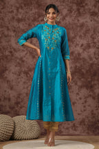 Juniper Women Teal Chanderi Silk Embroidered & Printed Anarkali Kurta | Grocsy