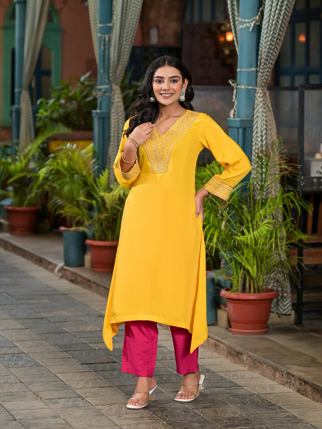 Juniper Women's Yellow Solid Viscose Kurta & Pant Set With Zari Work & Sequins | Grocsy