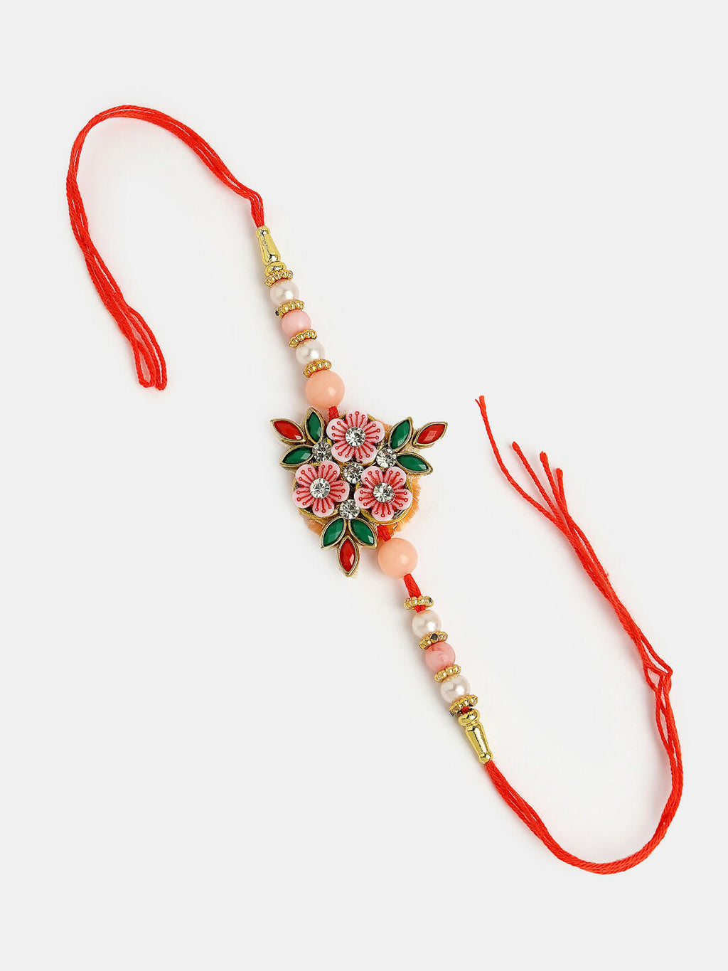 NVR Men Pink Floral Shape Stone-Studdded & Beaded Rakhi With Roli Chawal | Grocsy