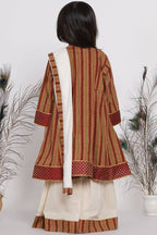 Little Bansi Girls Cotton Kurta frock with Sharara & Dupatta - Brown & Cream | Grocsy