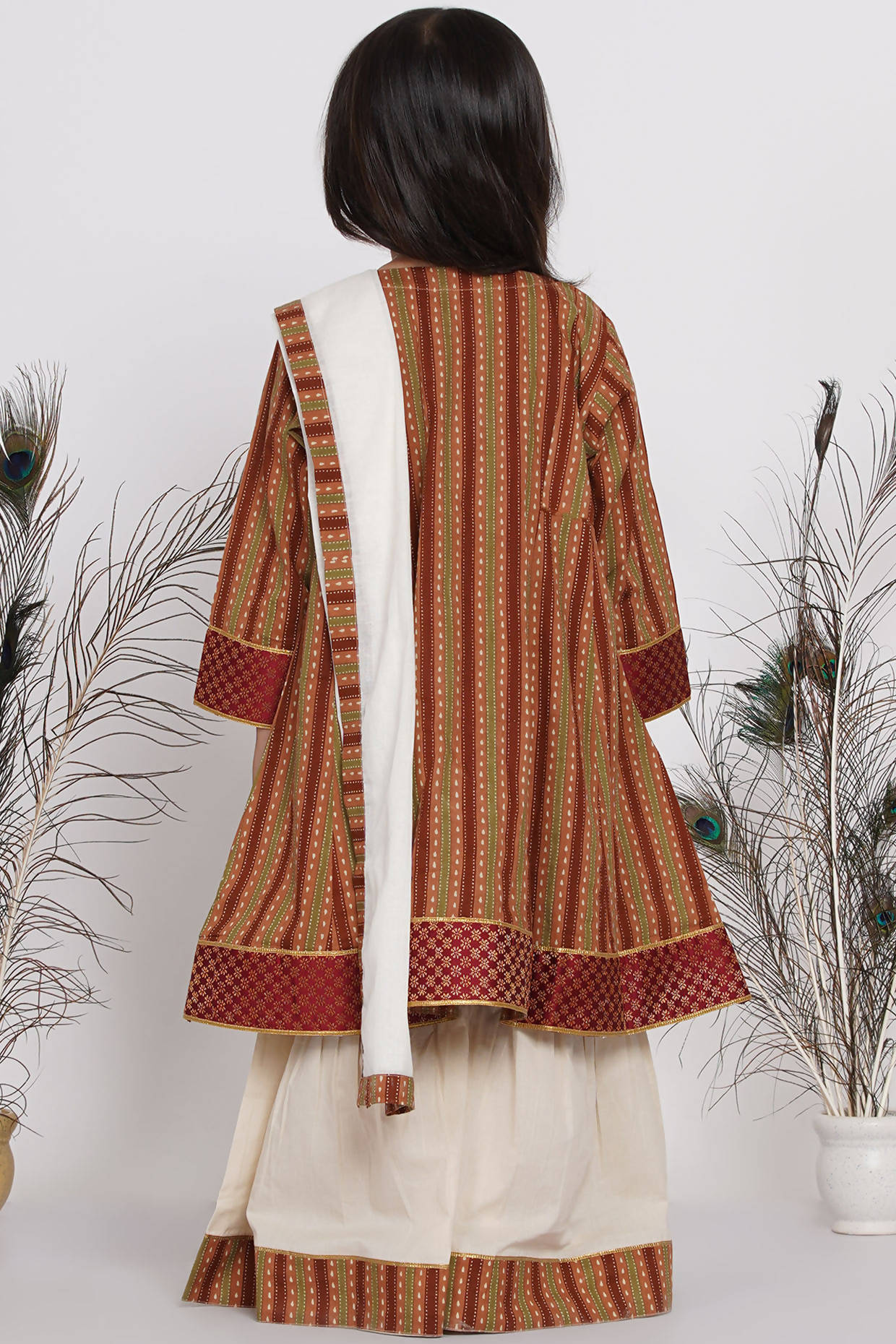 Little Bansi Girls Cotton Kurta frock with Sharara & Dupatta - Brown & Cream | Grocsy