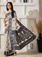 Shree Shyam Fashion Linen Cotton Black & Cream Saree | Grocsy