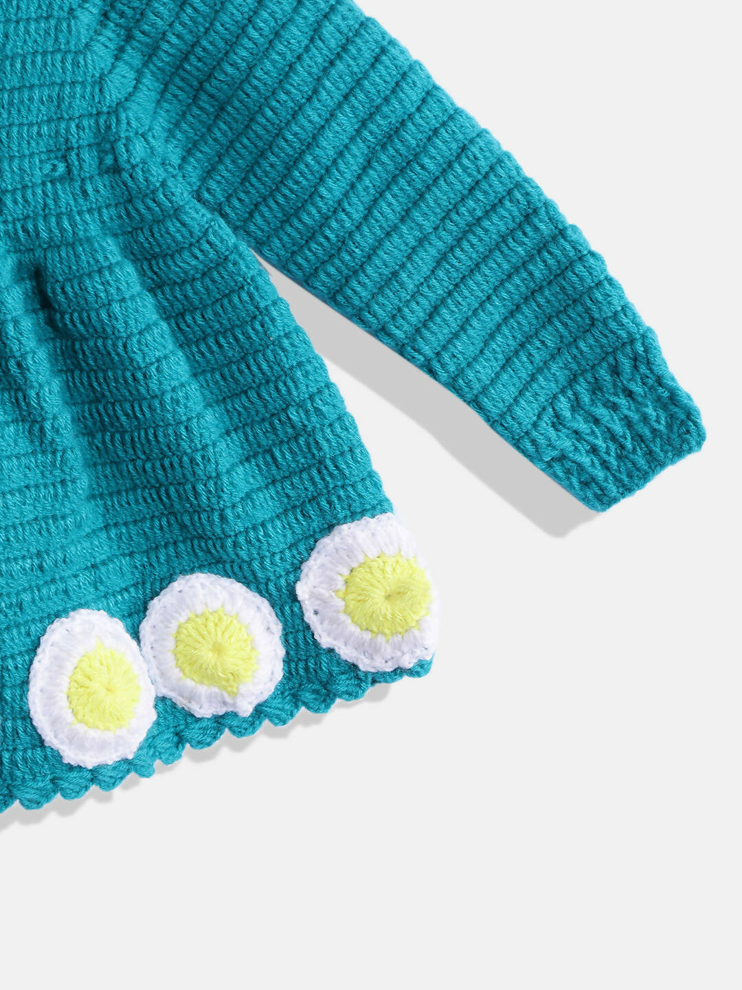 Chutput Kids Woollen Hand Knitted Full Sleeves Daisy Detail Dress For Baby Girls - Sea Green | Grocsy