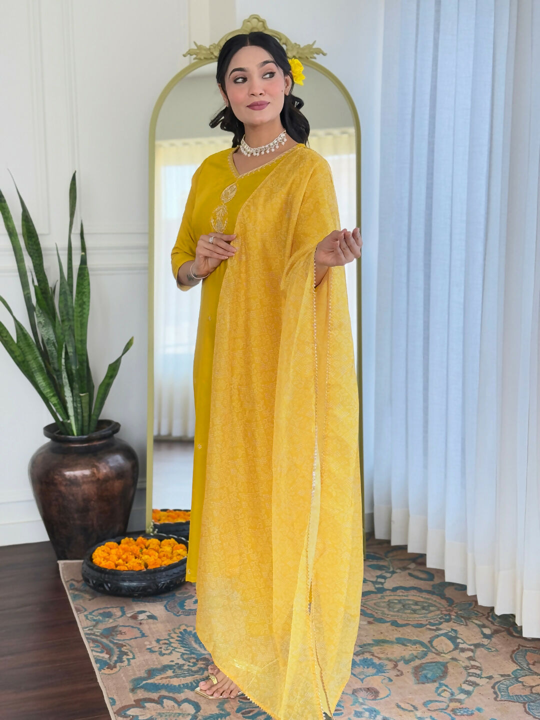 The52 Yellow Women's Beautiful Embroidered Rayon Fabric with Straight Kurta, Pant and Dupatta Set | Grocsy