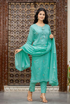 Kaajh Women's Sky Blue Mirror Embellished Cotton Suit Set | Grocsy